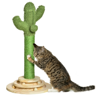 60?cm Cactus-Shaped Cat Tree Sisal Scratching Post with Hanging Ball & Interactive Roller, Green