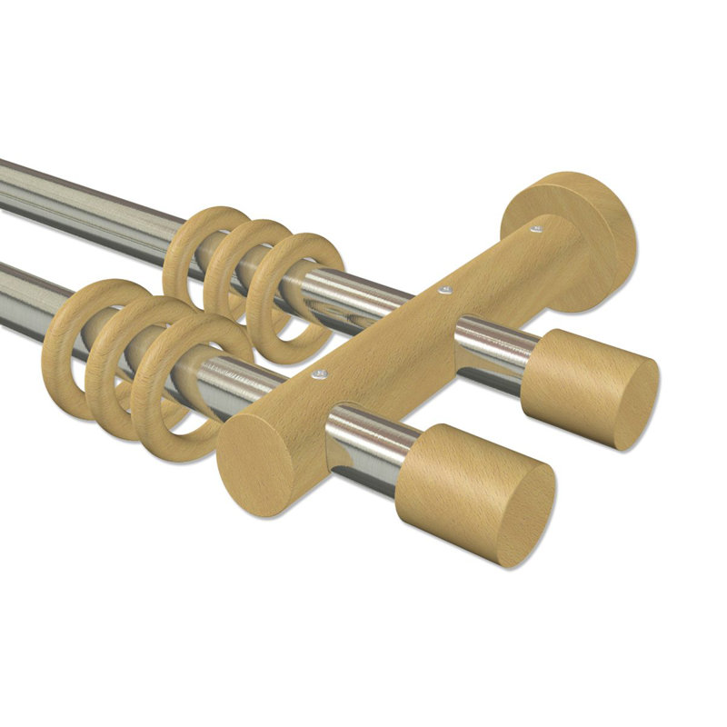 Tifton 2cm Double Curtain Pole, 5cm H x 200cm W x 18cm D, Stainless Steel/Beech Varnished