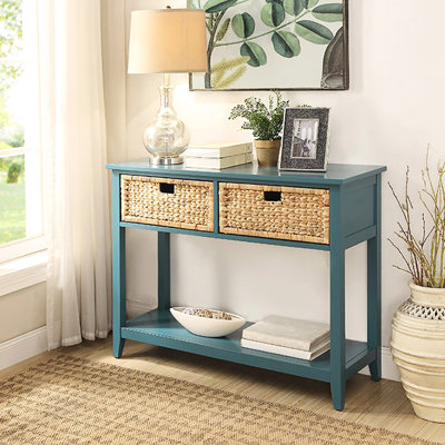 Rectangular Teal Console Table With Drawer And Shelf Space - Ideal For Living Rooms Solid Wood Leg Support 2 Drawers Bottom Storage Enhances Room Appearance Legs Balance