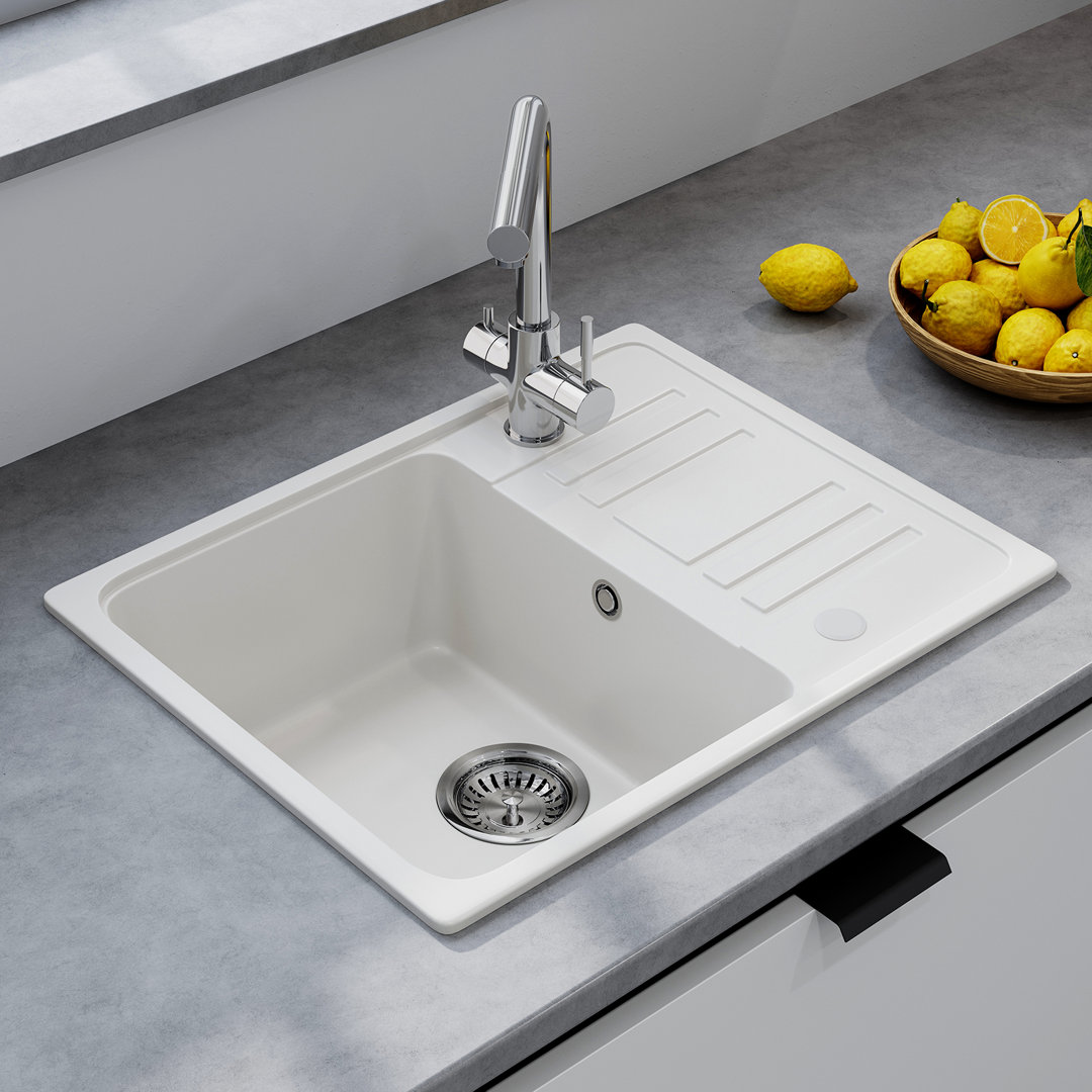 Quartz Single Bowl Tabris 57x45 Cm, White Bowl Sink With Push-to-drain/store Water, Scratch-resistant, Stain-proof & Self-healing Surface, Includes Dr