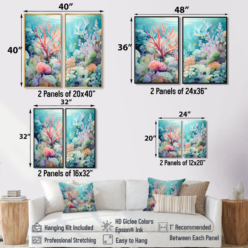 Underwater Coral Symphony Ii II - impressions sur toile côtières roses, Impression encadrée flottante, Noir