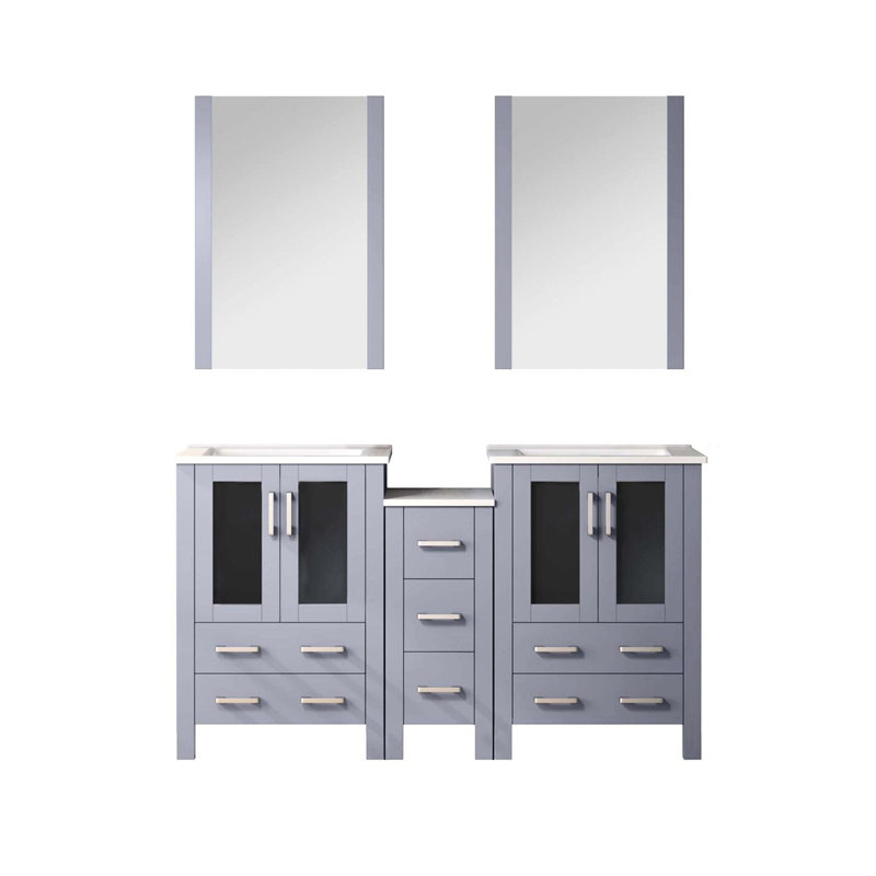 Meuble-lavabo double gris foncé 60 po W avec plateau en céramique blanche, 22 miroirs, mécanisme de fermeture en douceur et rangement utile dans les tiroirs