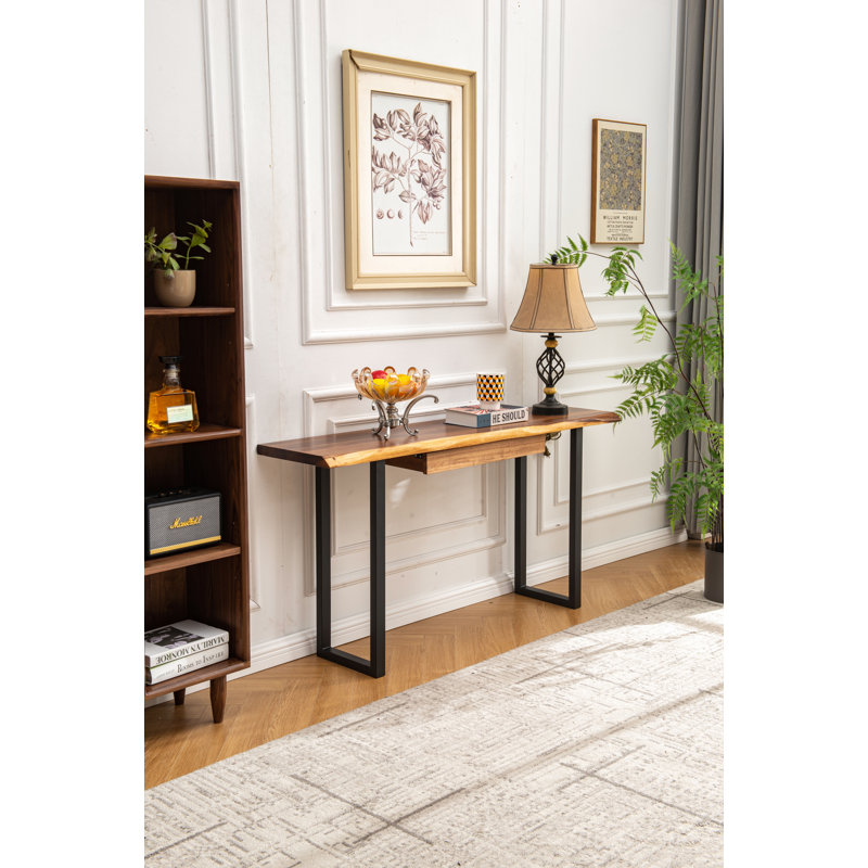  Console Table with U Shaped Legs and South American Walnut, Live Edge Desk with Drawer Storage, 29.5'' H x 58'' W x 14'' D