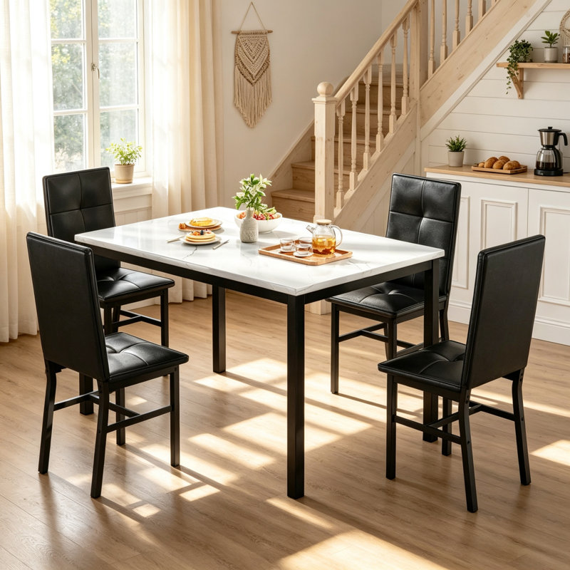 Ensemble de table de salle à manger pour 4 ensembles de cuisine et de salle à manger moderne de 5 pièces, table de cuisine en faux marbre avec 4 chaises en cuir synthétique pour petit espace, coin repas, coin repas, cuisine