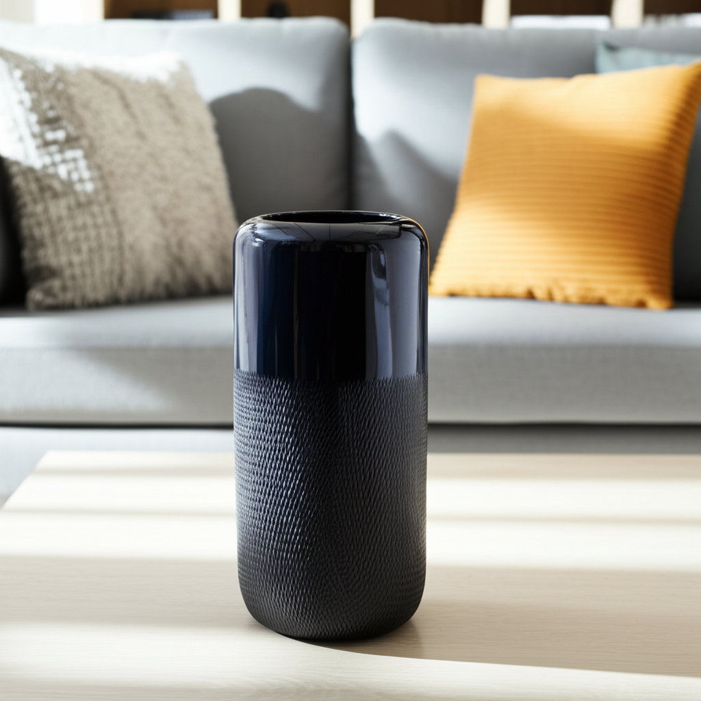 Rachael Stoneware Ceramic Vase with Textured Body and Rounded Rim Design, 12" H x 6" W x 6" D, Etched Blue