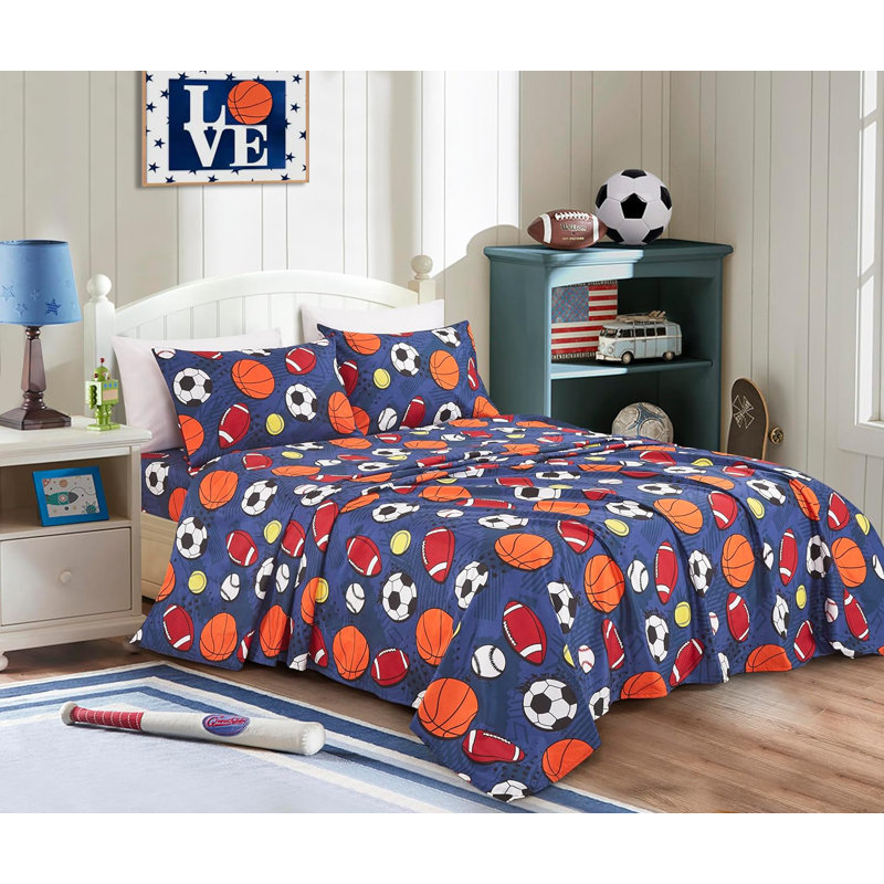 Twin White and Navy Sports Print Microfiber Sheet Set