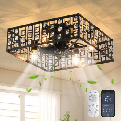 19.68'' Crystal Square Caged Flush Mount Ceiling Fan with Light Kit and Remote