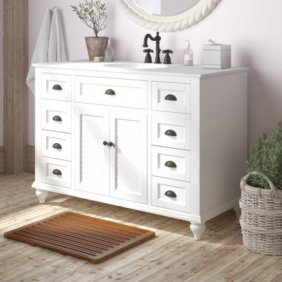 Meuble-lavabo autoportant Benton Collection 49 pouces, modèle Glennville blanc, lavabo simple, comptoir en quartz blanc, entièrement assemblé