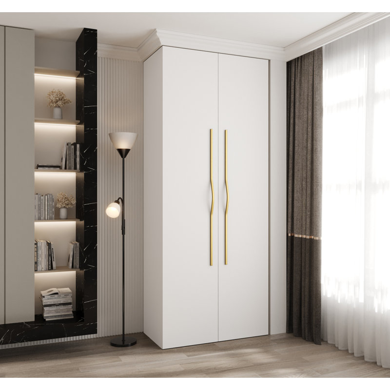 2 Door Manufactured Wood Wardrobe, 245,5 H x 100 W x 40 D, white matt + handles: gold