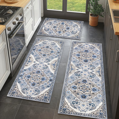 Bleu et beige, ensemble de tapis de cuisine trois pièces, antidérapant, lavable à la machine, facile à nettoyer, adapté à divers décors, y compris le salon et la cuisine.
