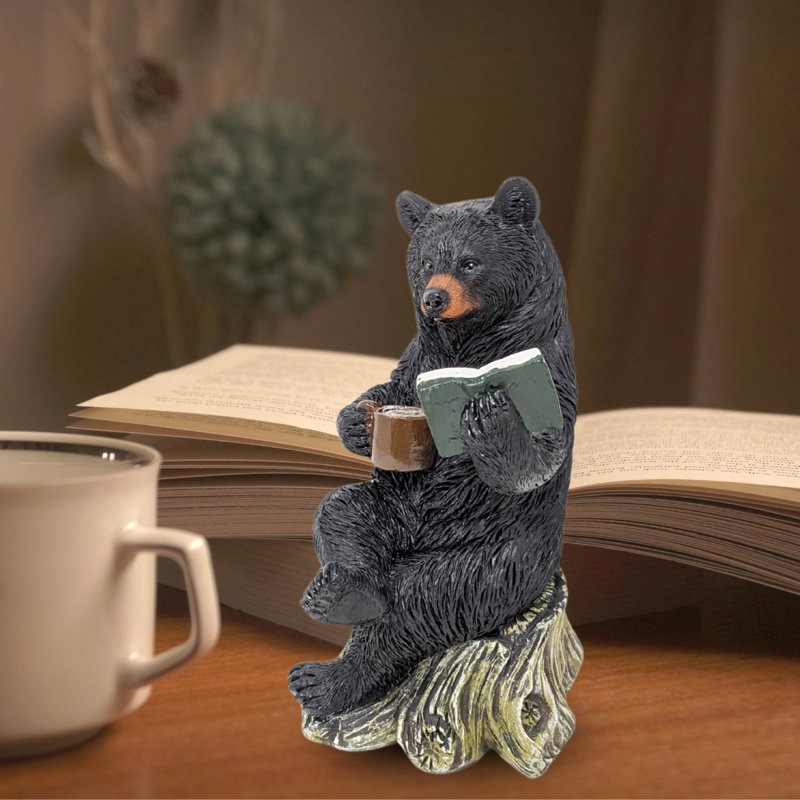 Ours polaire en polyrésine lisant et tasse à café décor rustique