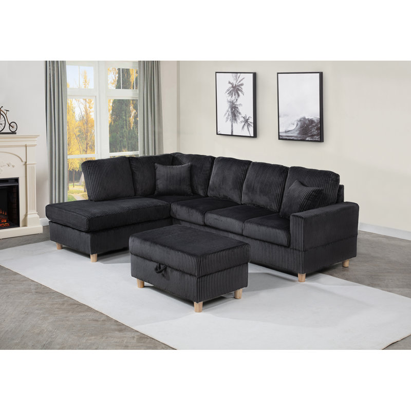3Pc Velvet Corduroy Reversible Sectional With Chaise, Drop Down Table, And Storage Ottoman, Black Velvet
