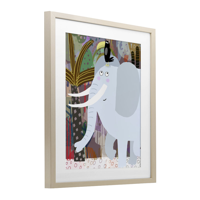 «Elephant & Toucan in Jungle», reproduction sous verre encadrée, design par Carla Daly, Cadre de récolte en pin