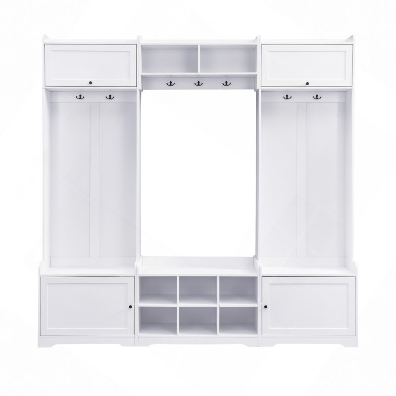 79.1"Wide Hall Tree With Shoe Storage, 4-In-1 Entryway Bench With 8 Cubbies, 7 Coat Hooks & Adjustable Shelf For Hallway, Living Room