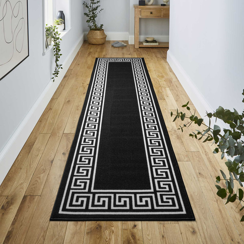 Greek-Key Black White Non-Slip Polypropylene Area Rug — Washable Door Mat & Hallway Runner for Living Room, Kitchen & Bedroom