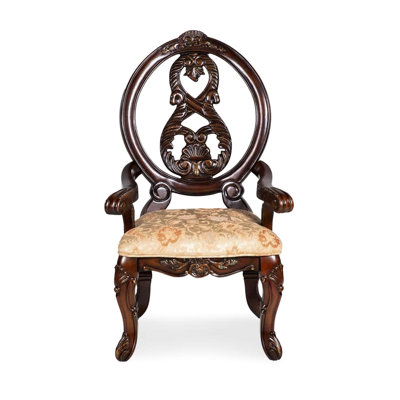Traditional Brown Cherry Arm Chairs (2pcs) - Tan Fabric Seats With Welt Solid Wood Dining Room Faux Jewels Of 2 & Riches