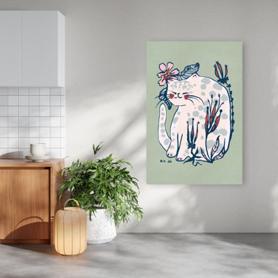 Peaceful Floral Cat Peaceful Serene Tranquil Cat Flower Plant Wall Art Print 1 Piece Wrapped Canvas Wall Art