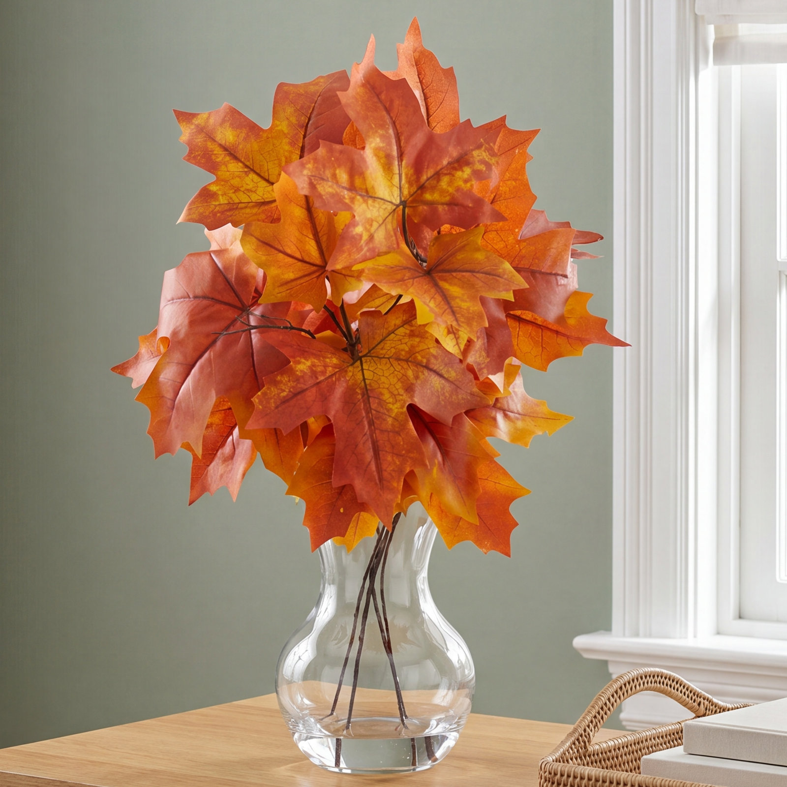 10'' Faux Maple Plant in Glass Vase, Orange