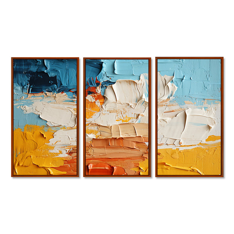 «Southern Sens sensibilité», bleu, jaune, orange, ensemble d'art mural abstrait, Cadre flottant brun