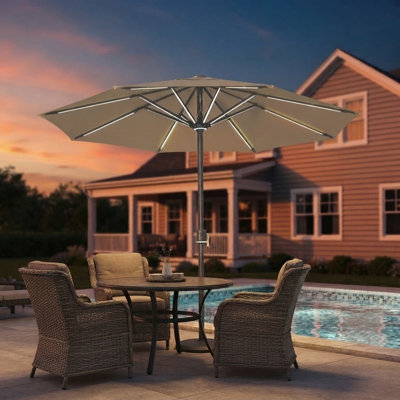 10ft. Solar Powered Full Aluminum Patio Umbrella, Dual Color LED Strip Lights
