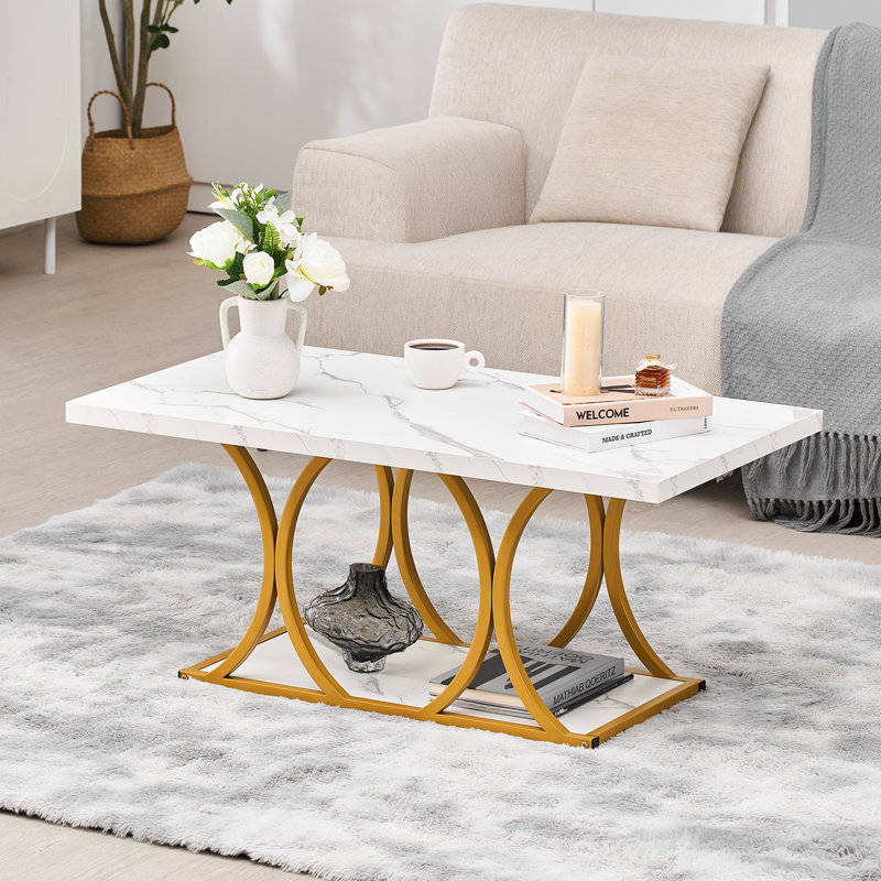 Coffee Table, 2-Tier Rectangle Center Desk with Geometric Legs, Modern Faux Marble Coffee Table, Minimalist Sturdy Metal Frame Accent End Desk for Living Room, Office, Easy Assembly, White