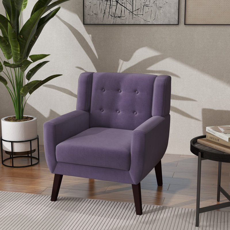 Jaqueze Upholstered Purple Velvet Tufted Wide Back Armchair with Solid Wood Leg, Purple Performance Velvet