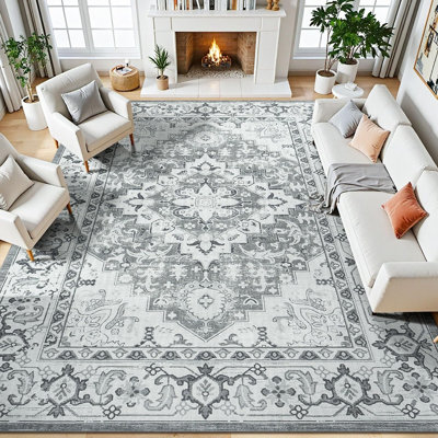 Tapis lavable à motif floral vintage gris et blanc, en fausse laine douce à poils courts et antidérapante, idéal pour le salon, la chambre à coucher, la salle à manger et le bureau à domicile.