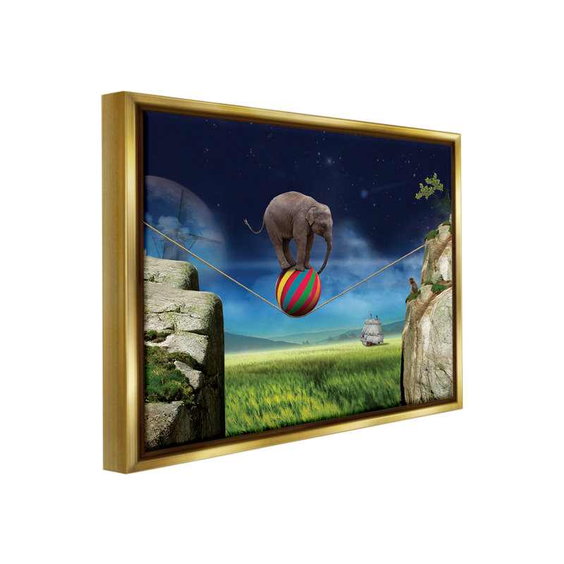 «Elephant Balancing On Ball» par Noble Works sur toile, Cadre flottant métallique doré, H 17 po x l 21 po