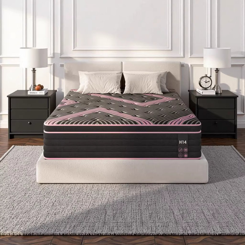 Queen Size Mattress, 12 Inch Hybrid Mattress with Individually Pocketed Innerspring, Medium Firm Support for Pressure Relief & Motion Isolation, Pink & Black Design, CertiPUR-US Certified Memory Foam, Breathable Knitted Fabric, Compressed in a Box