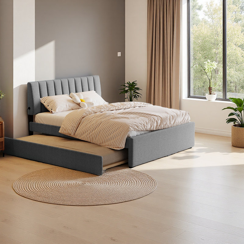 Teddy Fleece Upholstered Platform Bed, Gray, Queen
