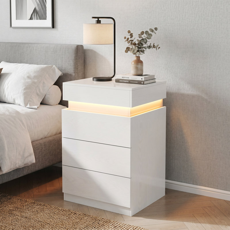 Table de chevet 3 tiroirs avec plateau coulissant, station de charge intégrée et éclairage DEL, White, 1