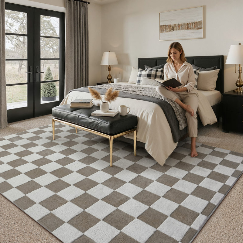 Tapis Aira brun et blanc jacquard à damier avec envers antidérapant, Rectangulaire 8 pi x 10 pi, Brun / Blanc