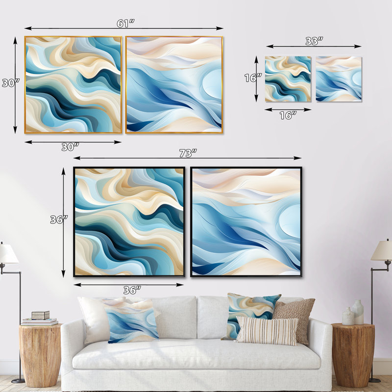Coastal Harmony - ensemble de 2 collages carrés abstraits, Cadre flottant noir, H 36 po x l 73 po