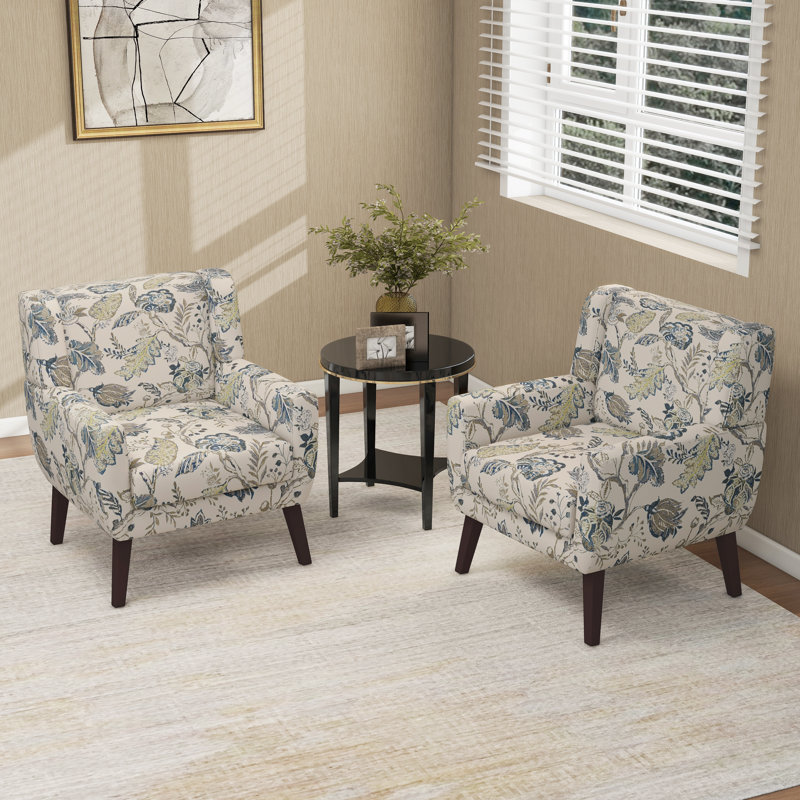 Upholstered Cotton Armchair, Cream/Blue Linen Blend
