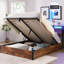 Wooden Platform Bed Frame, Lift Storage, Bookcase, LED, Charging