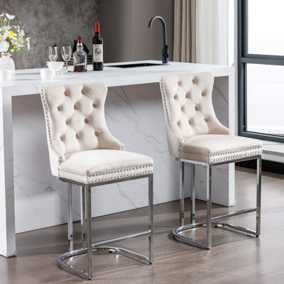 2 Pack 26" Counter Height Bar Stools, Velvet Upholstered With Button Back & Rivet Trim, Stable Metal Base For Kitchen And Home Stools Of 2, 26", Stron by Mercer41