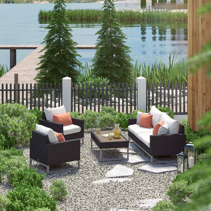 Milo 4 Piece Rattan Sunbrella Sofa Set with Cushions, Beige, Brown