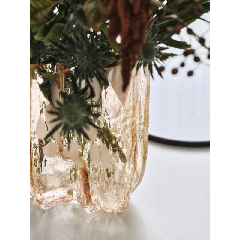 Crackle Glass Table Vase, Amber/Flamingo, 10.63" H x 7.87" W x 7.87" D