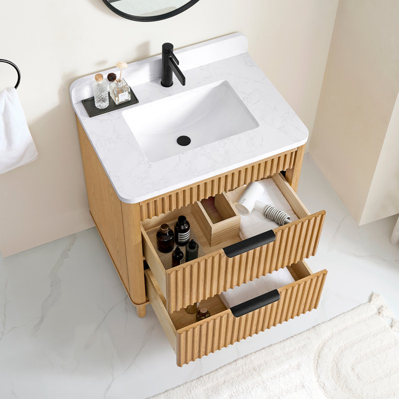 Meuble-lavabo simple 36 po Mumbai, 30", Noir mat, Chêne brun clair patiné