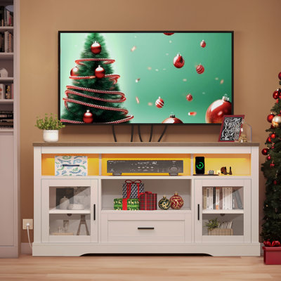 Console de télévision à DEL 60 po avec armoire de porte en verre trempé et 4 compartiments de rangement ouverts, rangement de tiroir, gestion des câbles intégrée