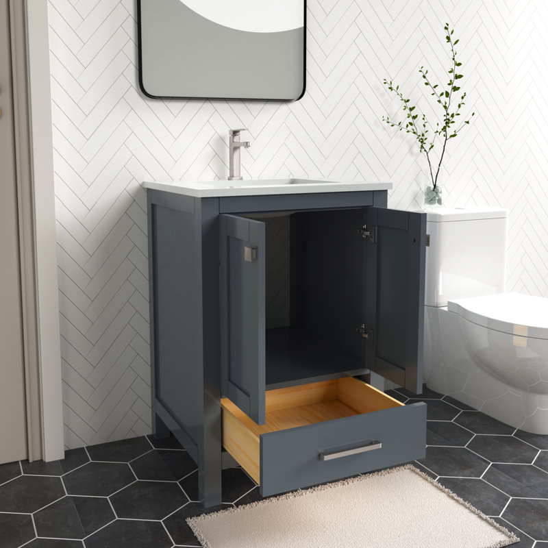 Ensemble de meuble-lavabo autoportant Amandie 24 po gris anthracite avec plateau en quartz blanc, Gris foncé
