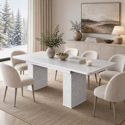 Modern Extendable Dining Table for 4-8, White Wood Grain with Removable Leaf and Fluted Pedestal Legs