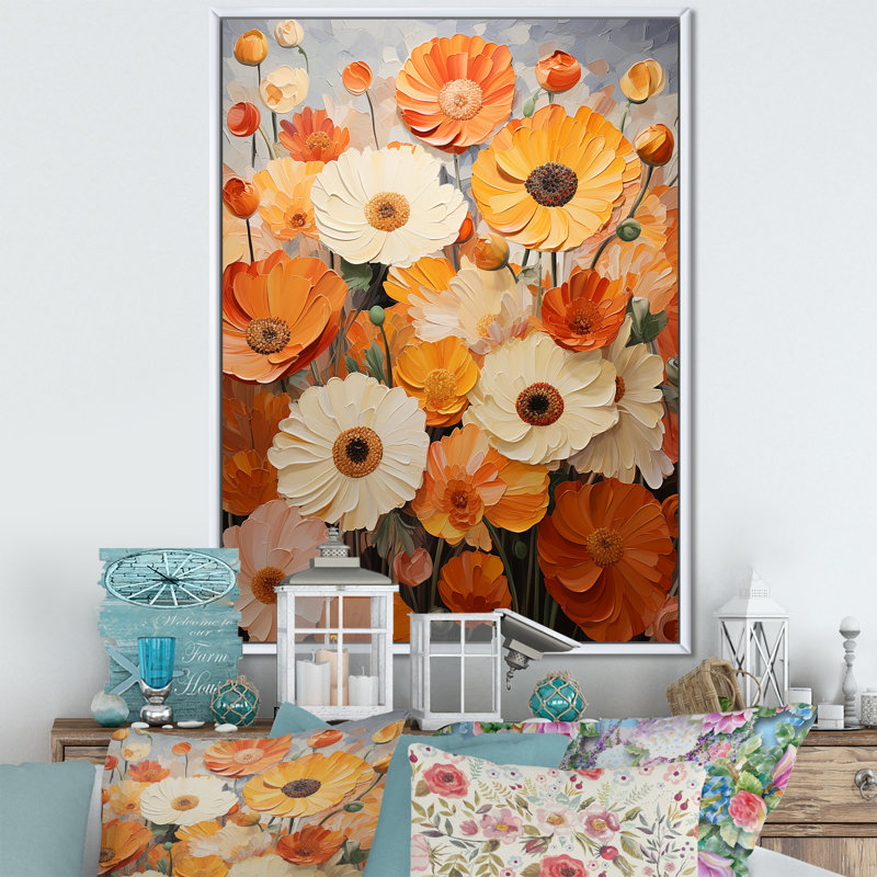 Orange Fiery Blooms 3 - art mural souci, Cadre flottant blanc, H 44 po x l 34 po x P 1,5 po