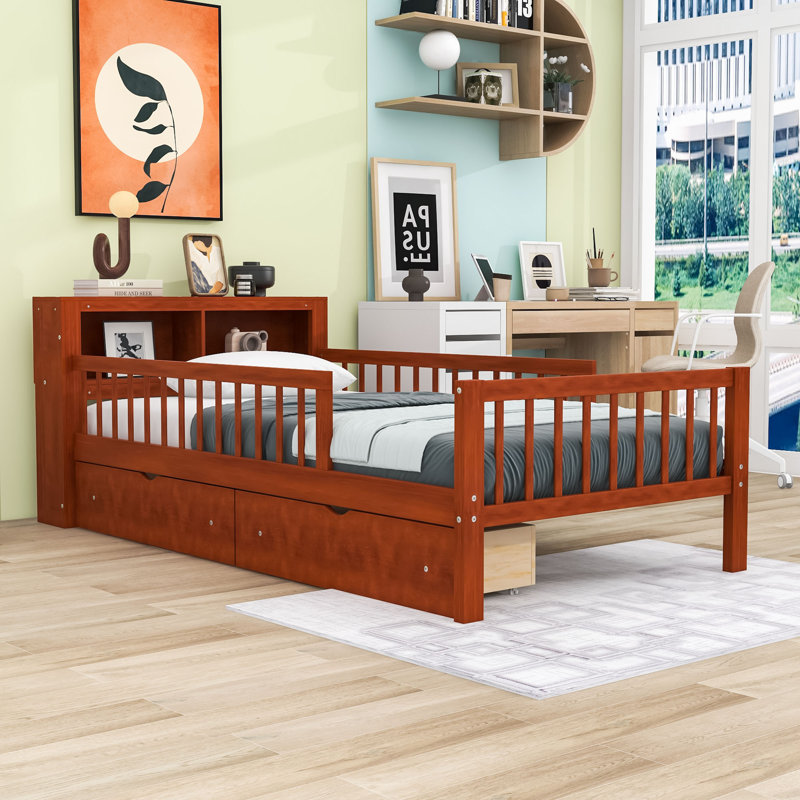 Lit simple avec tiroirs et tablettes de rangement, Noyer