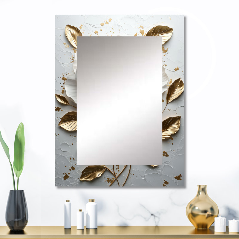 Pivoine blanche et dorée Blooming IV - miroir décoratif pivoine, miroir mural moderne, impression d'art en métal