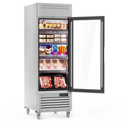 Coolake 23 Cu.ft Double Glass Doors Commercial Beverage Freezer, 27” W Stainless Steel Led Lighting Upright Freezer, Fan Cooling Merchandiser Freezers With 4 Shelves For Cafe Grocery Office
