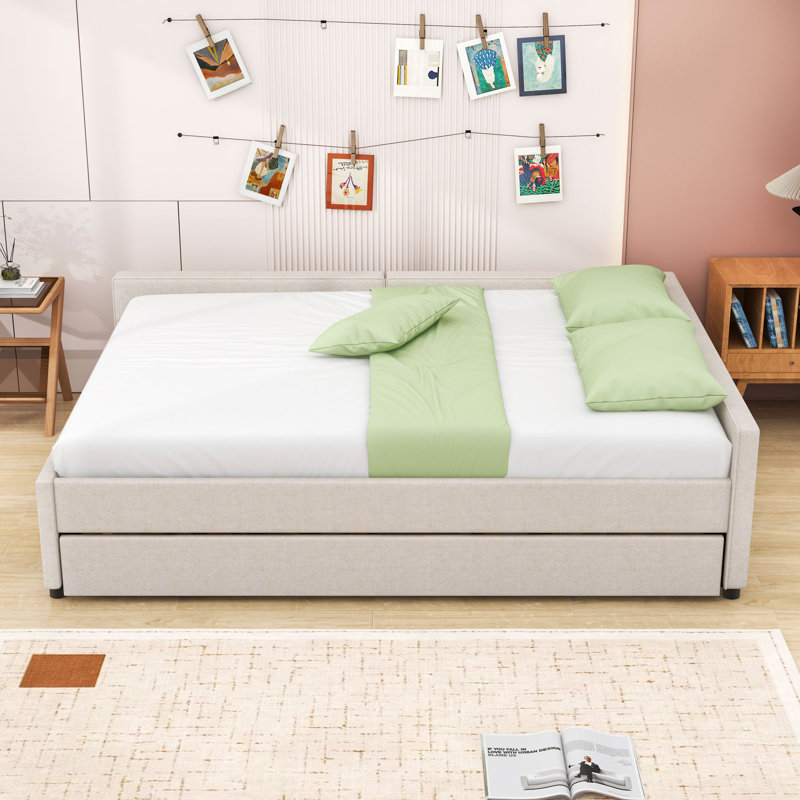 Upholstered Platform Bed with Twin Trundle and USB Ports, Queen