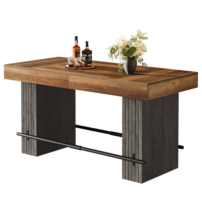 Industrial Rectangular Counter Height Pub Dining Bar Table 63-Inch Home Office Unit with Metal Footrest for Kitchen Bistro