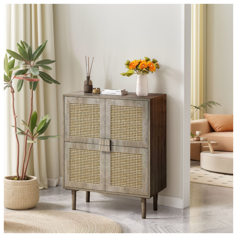 Armoire de rangement en filet de rotin gris avec 8 tablettes - Buffet moderne à 4 portes pour le vestibule et l'organisation du salon