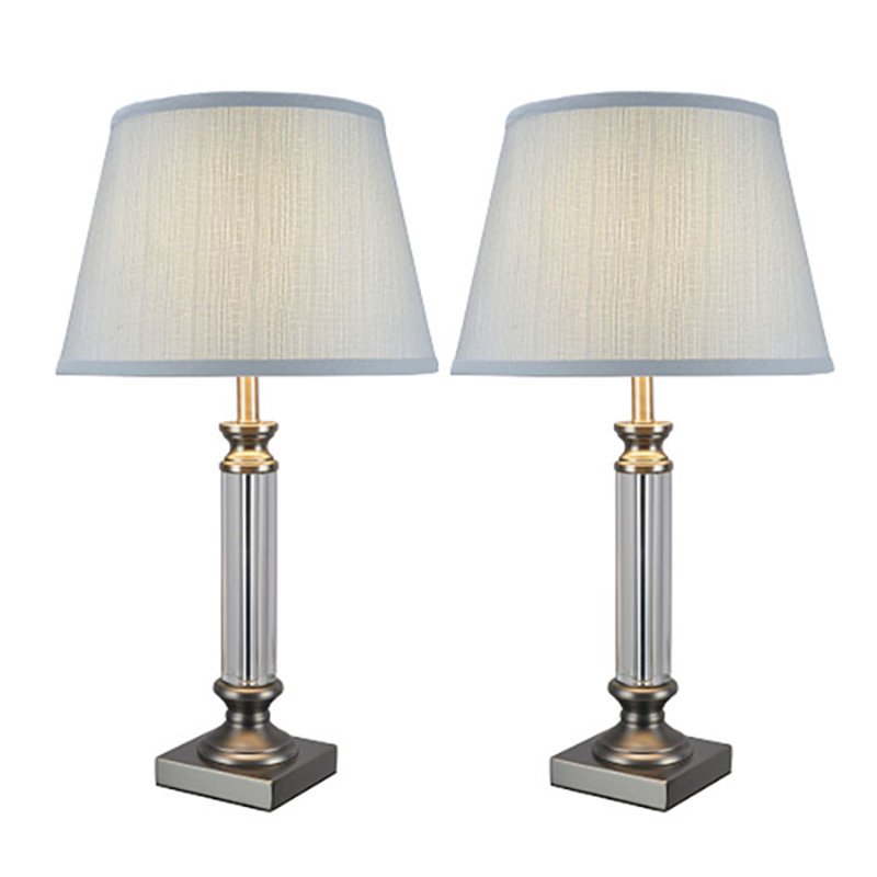 Light Blue Linen Fabric Barrel Table Lamp Set with Pewter Finish